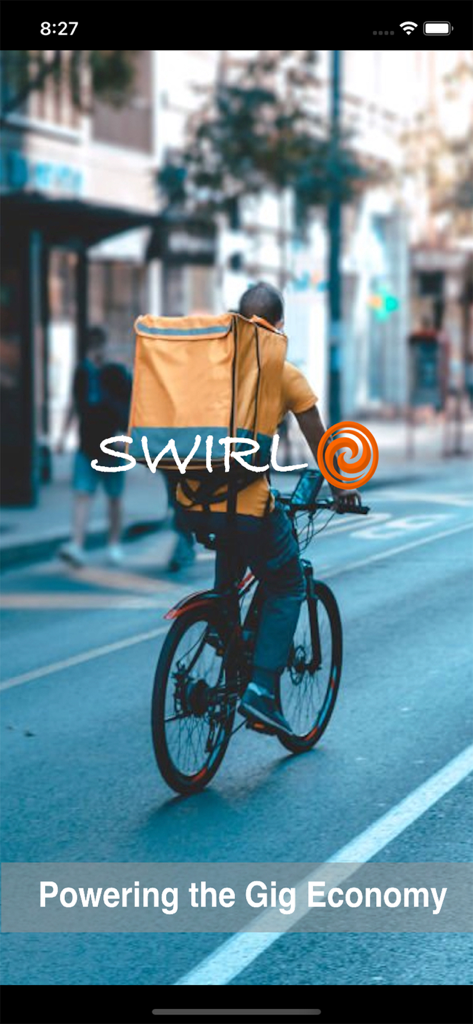 Swirl App - Intro screen of the Swirl App showing a delivery worker on a bicycle with the text Powering the Gig Economy.