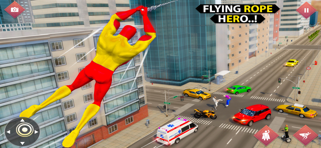 Spider Hero Games - Rope Hero - A superhero in a red and yellow suit swinging on a rope over a busy city street