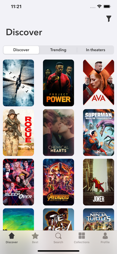 MyMovies - Catalog - Discover section of the MyMovies app showing a grid of movie posters including Tenet and Joker