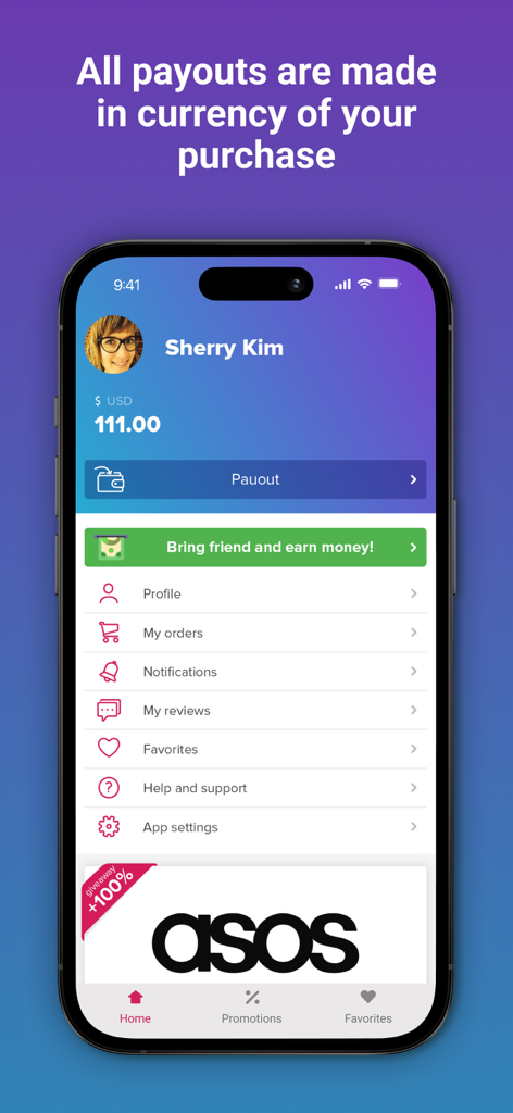 Smarty.Sale - Cash Back - Smarty Sale app user profile displaying earned cashback balance and payout options