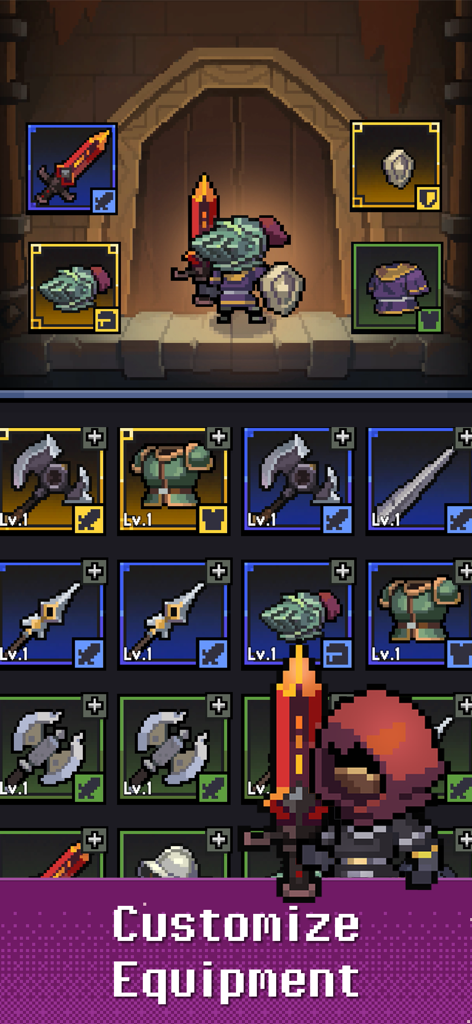 Heroll : Dice Roguelike - Tela de personalização do personagem herói com inventário de armaduras e armas em arte pixelada
