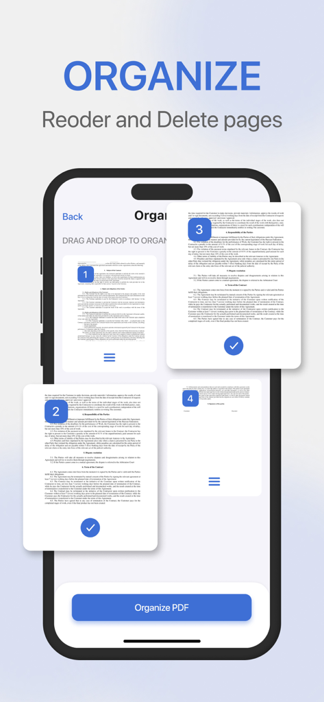 PDF Editor・PDF File Converter - PDFページの並べ替えと削除機能を示すアプリ画面