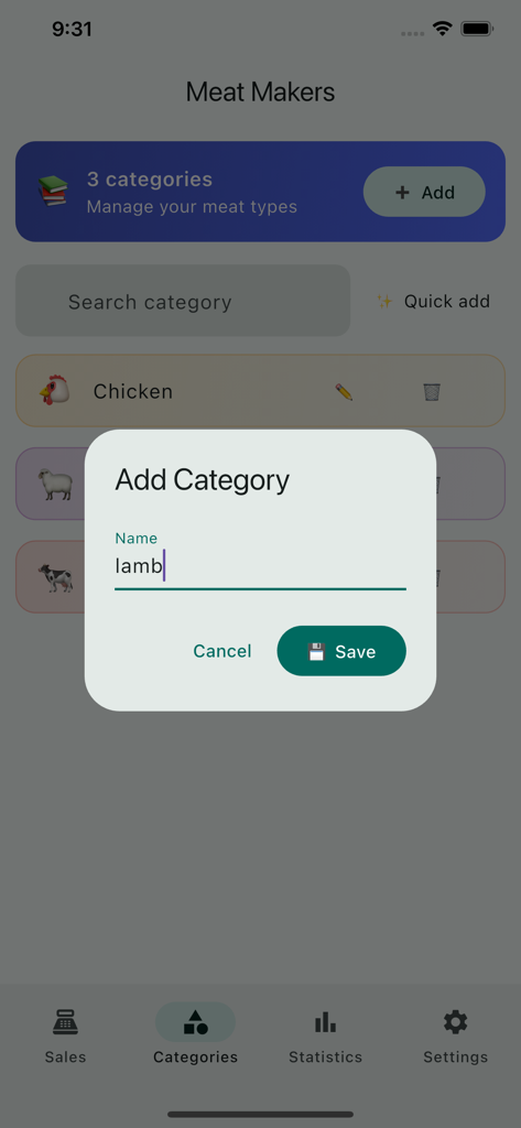 Meet Makkers - Meet Makkers app screen showing a pop up to add a new meat category named lamb