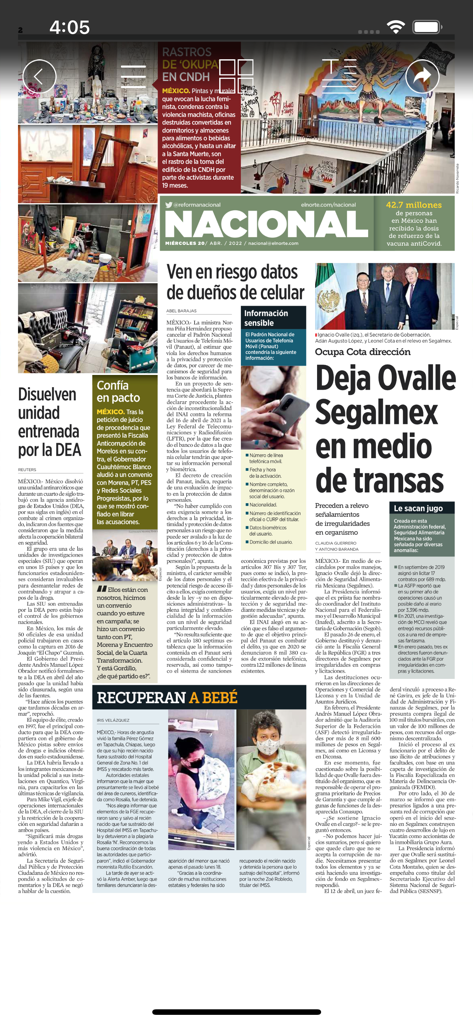 Captura de pantalla de la aplicación EL NORTE mostrando la sección Nacional con titulares de noticias y diseño de periódico tradicional.