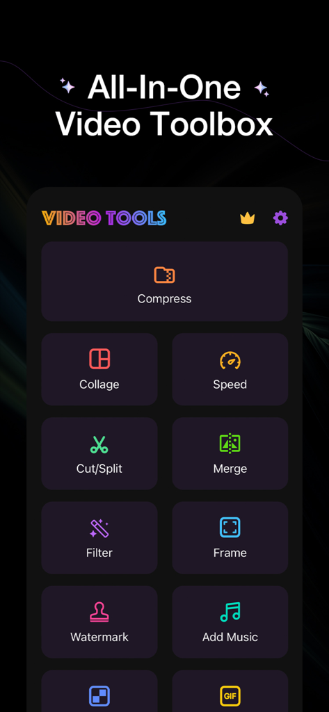 Video Compressor - HQ Compress - Dashboard, das verschiedene Bearbeitungswerkzeuge wie Videokompression, Collagen, Schneiden, Aufteilen und Zusammenführen zeigt