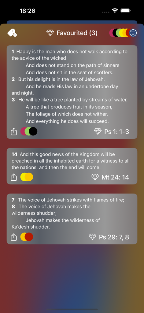 Liste der favorisierten Bibelverse in der JW Service App