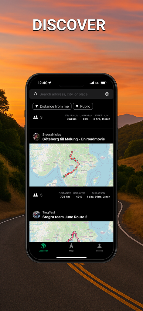 Stegra.io - Motorcycle GPS - Stegra motorcycle navigation app Discover screen showing shared community adventure routes and maps