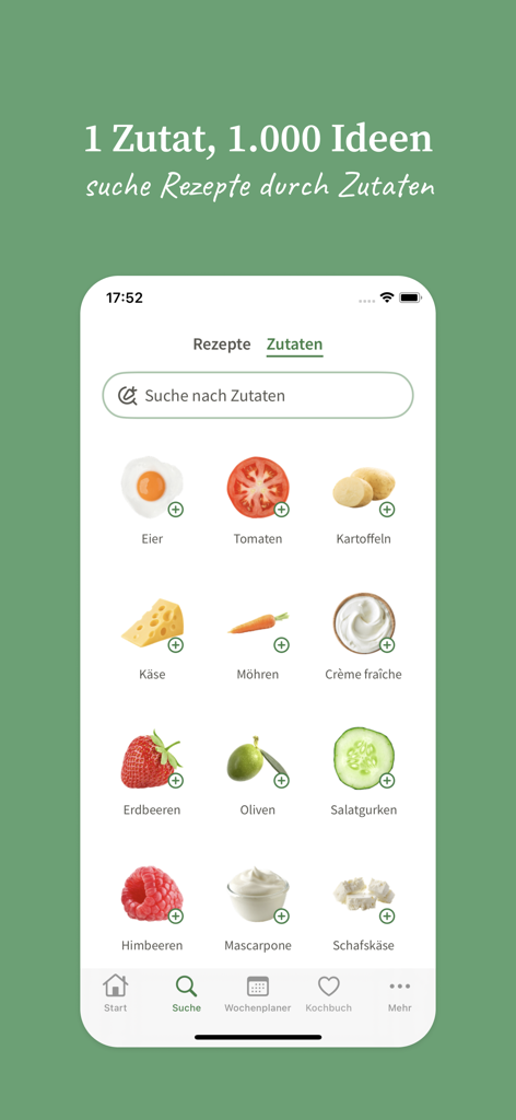 Chefkoch – Rezepte & Kochen - Interface de l'application Chefkoch montrant la fonctionnalité de recherche de recettes par ingrédients