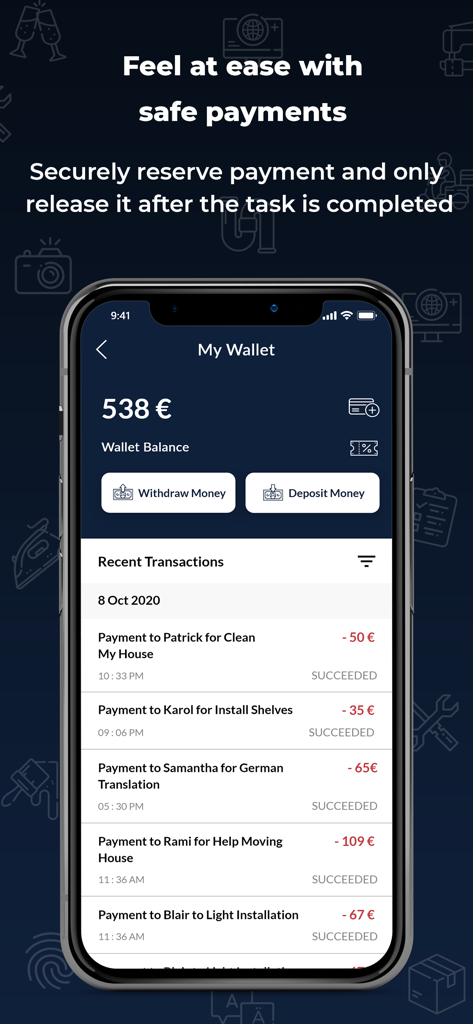Co-Tasker - Pantalla de billetera de la aplicación móvil Co-Tasker que muestra el saldo y las transacciones de pago recientes