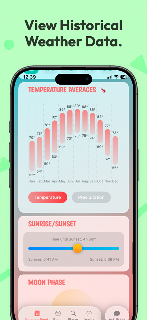 Brzzy Weather - Una pantalla de la aplicación Brzzy Weather que muestra promedios históricos de temperatura por mes y horas de salida y puesta del sol diarias.