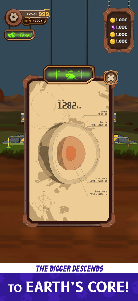 The Detonator : Travel Down - Progress screen showing the digger reaching the Earth's core layers