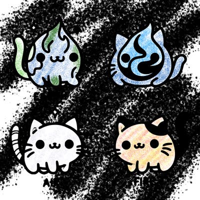 4 cats that represent the different elements, earth, water, air, and fire
