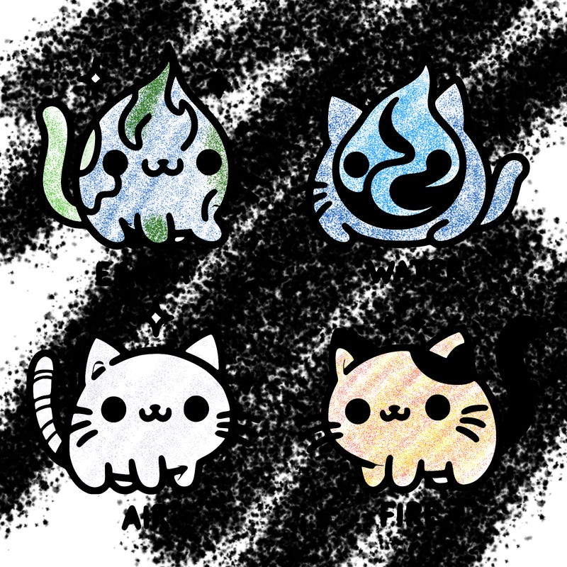 4 cats that represent the different elements, earth, water, air, and fire