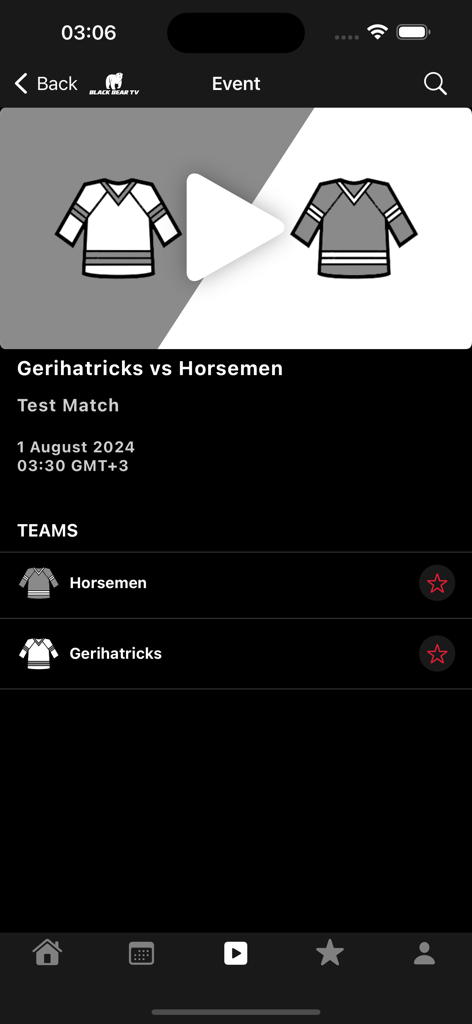 Schermata dell'app BlackBear TV che mostra un evento di partita di hockey tra Gerihatricks e Horsemen