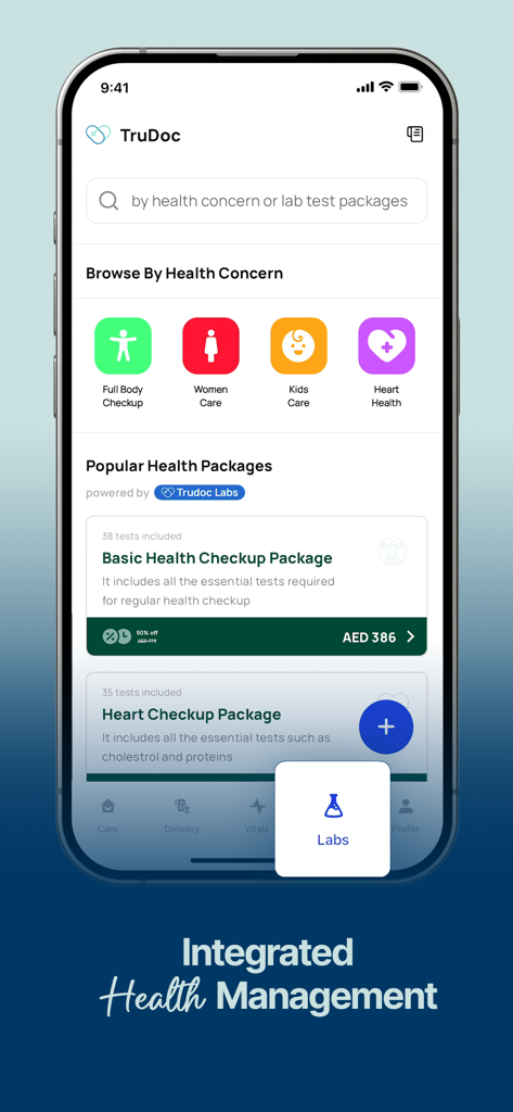 TruDoc mobile app interface showing integrated health management and medical lab test packages.