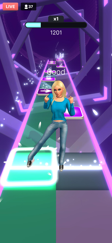 A 3D female character dancing on a neon lit musical path in Tap Tap Dancefloor