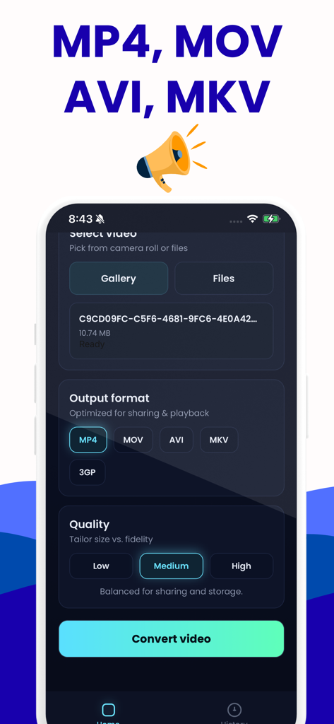 MOV to MP4ビデオコンバーターアプリのユーザーインターフェース。出力フォーマットとビデオ品質設定のオプションが表示されています