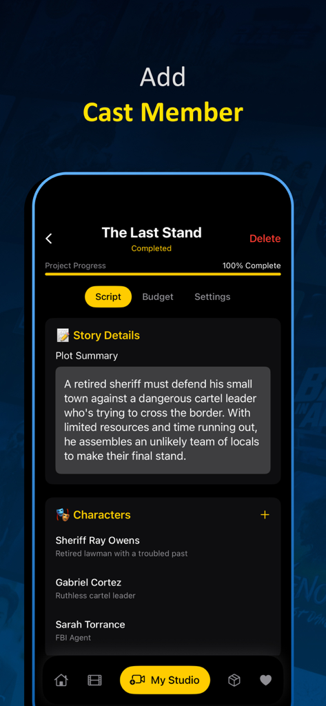 Absolute - Movies & TVShow Box - Interfaz de estudio de la aplicación Absolute que muestra el resumen de la trama del guion de la película y la lista de personajes.