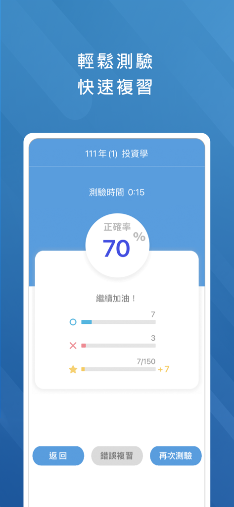 Mobile App-Oberfläche, die die Ergebnisse einer Übungsprüfung zur Finanzlizenz mit einer Genauigkeitsrate von 70 Prozent zeigt.