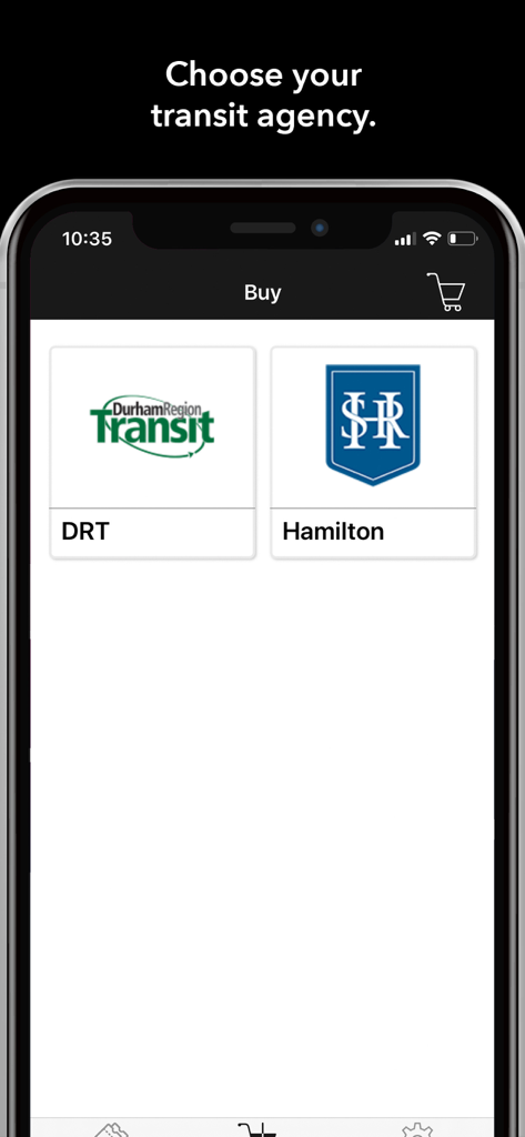 Screenshot of PRESTO E-Tickets app showing options to choose between Durham Region Transit and Hamilton transit agencies