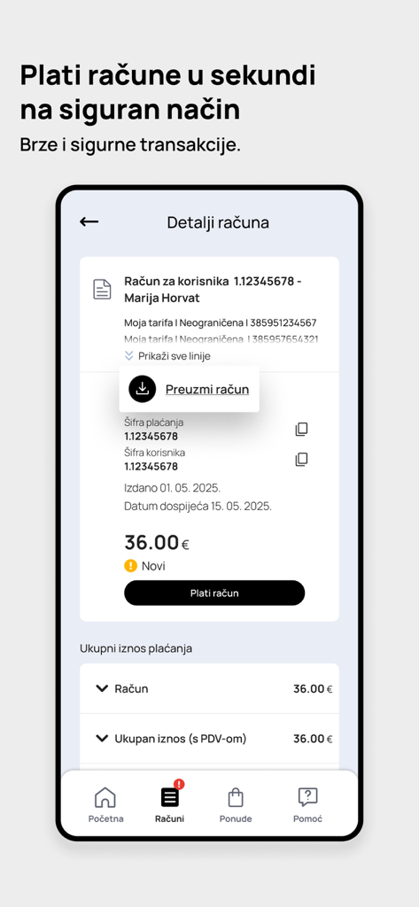 Interface de l'application Telemach Hrvatska montrant les détails de la facture mobile et les options de paiement
