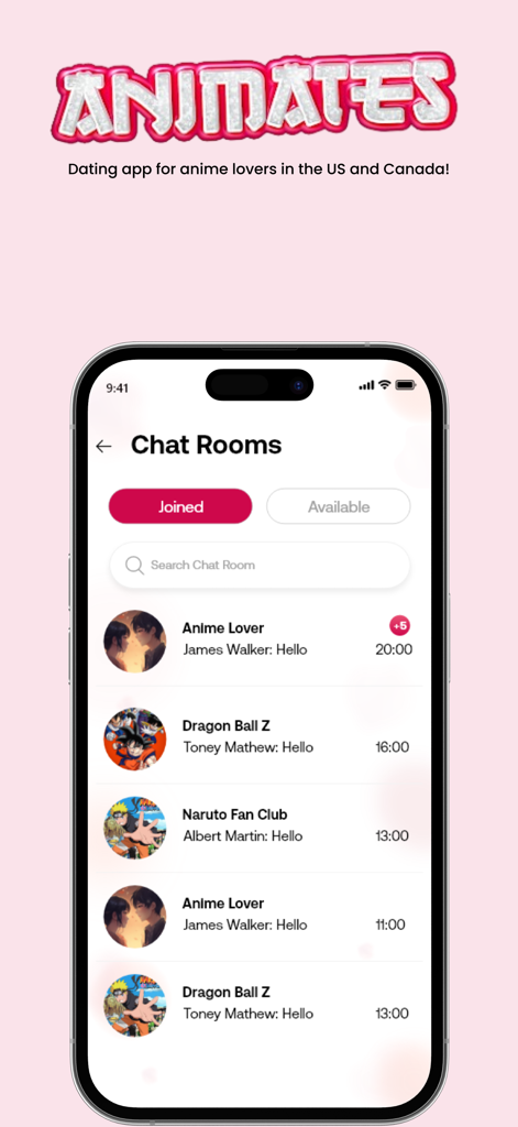 Animates.io - Interface of the Animates dating app showing a list of anime themed chat rooms including Naruto and Dragon Ball Z