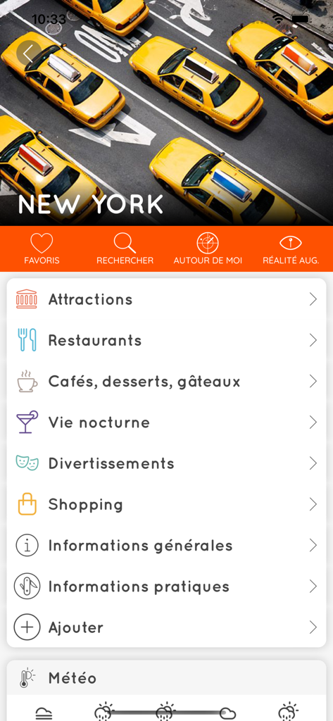 MisterFly - MisterFly app travel guide interface for New York showing travel categories like attractions and restaurants