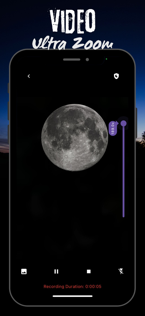 A smartphone screen showing a 189x zoom video recording of the moon with craters visible