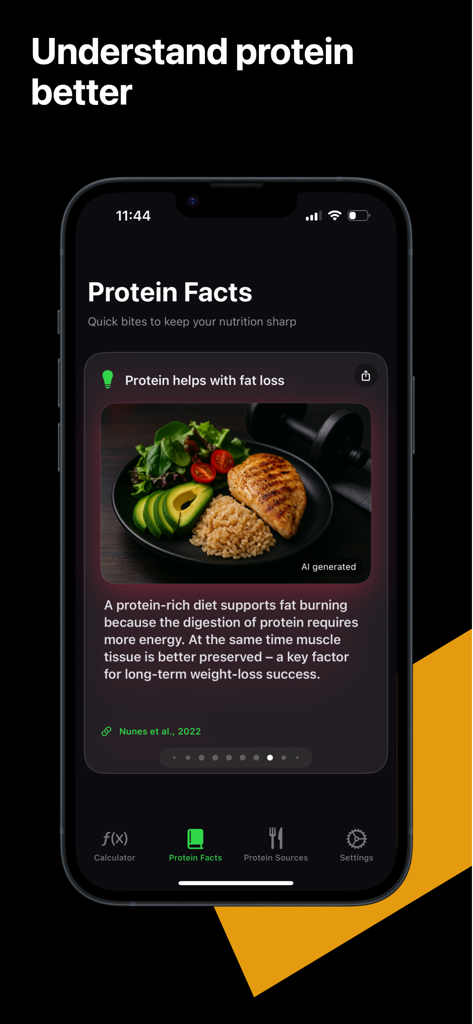 Protein Calculator – Guide - The Protein Facts screen of the app featuring a science-based info card about fat loss.
