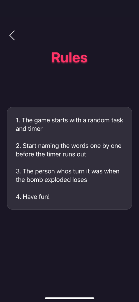 Bomb - Party Game - L'écran des règles du jeu de société Bomb listant quatre instructions de jeu simples.