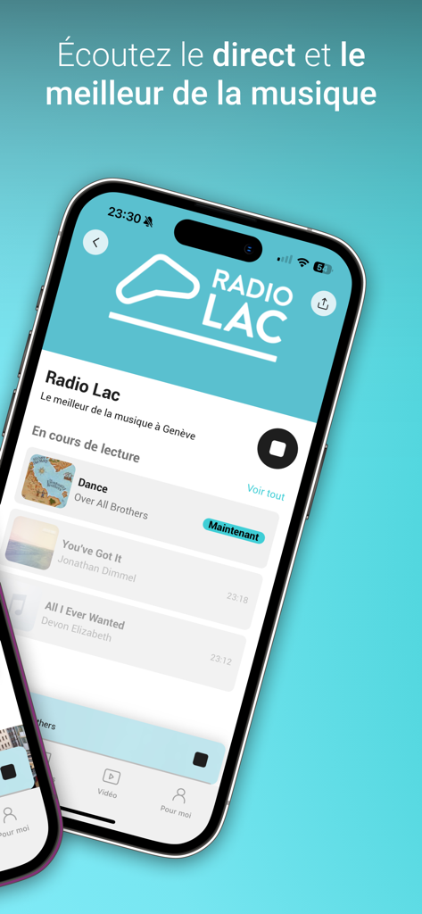 Radio Lac - Radio Lac app interface on iPhone showing live radio and music player