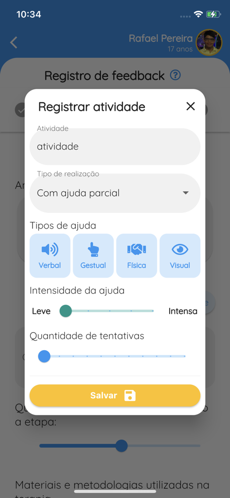 TiTa Therapy - Schermata dell'app TiTa Therapy per la registrazione dei dati delle sessioni terapeutiche, inclusi i tipi di aiuto e i livelli di intensità