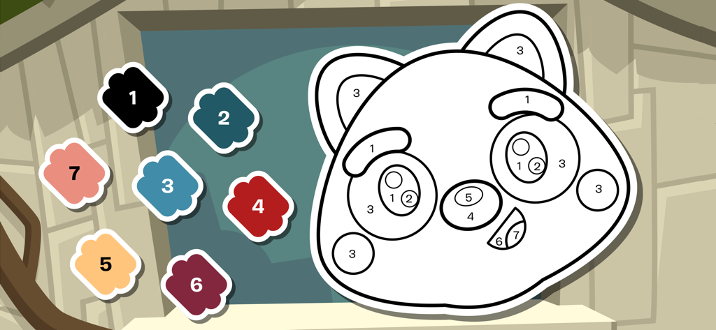 A color by number activity with a cartoon animal and numbered paint swatches