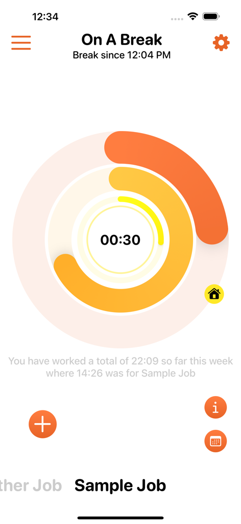 Interfaccia dell'app Time Arc che mostra un timer di pausa con una barra di avanzamento circolare e un riepilogo delle ore di lavoro settimanali.