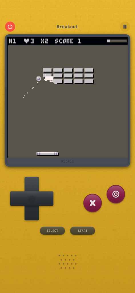 Pico-8 Emulator: Picpic - 黄色のハンドヘルドテーマでブレイクアウトゲームをプレイするPico 8エミュレーターPicpicインターフェース