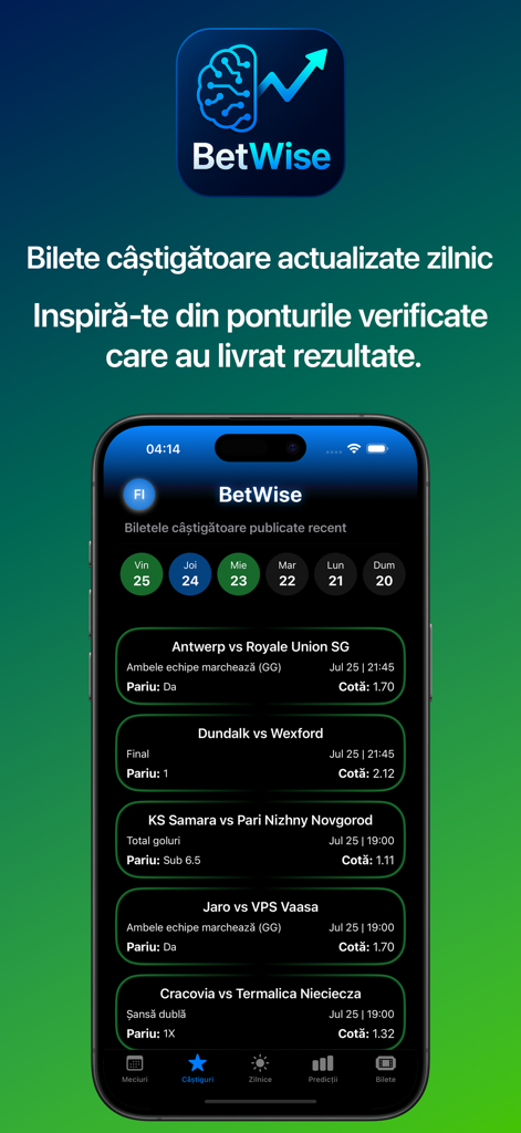 BetWise - BetWise app interface showing daily verified sports predictions and historical winning tickets