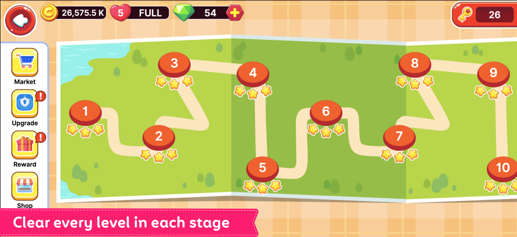 Street Grill Tycoon - Level progression map for Street Grill Tycoon showing stages numbered 1 through 10 on a green background.
