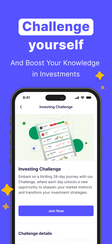 Finelo: Master Trading - Uma tela de celular mostrando o desafio de investimento do aplicativo Finelo com um botão de inscrição.