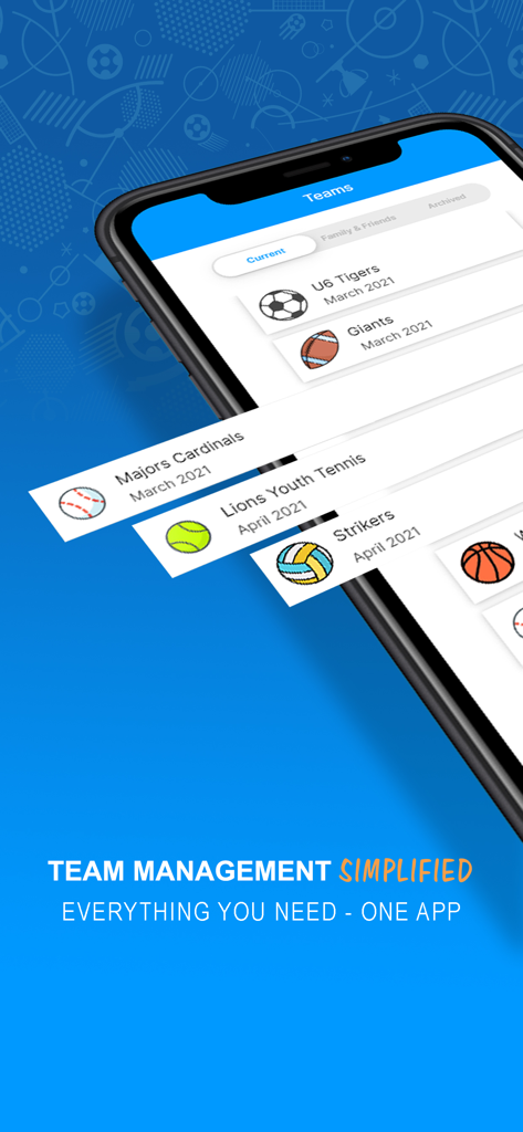 Benutzeroberfläche der TeamSideline Mobile App, die eine Liste von Jugendsportteams zeigt