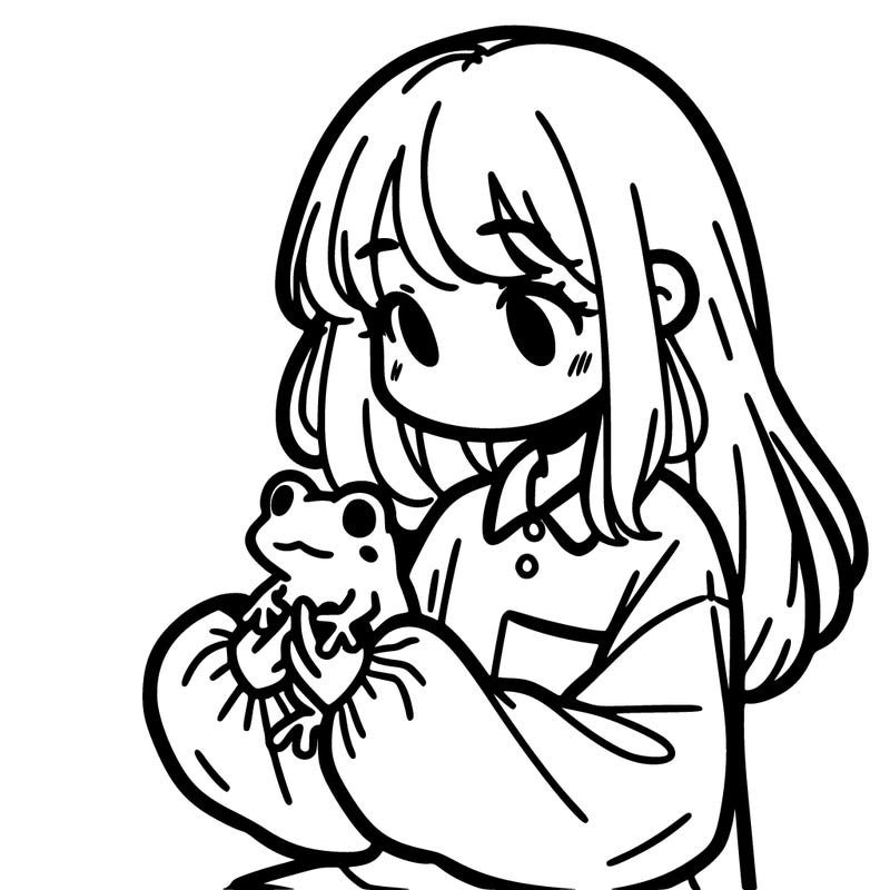 girl with long hair and a oversized shirt. and she is holding a frog