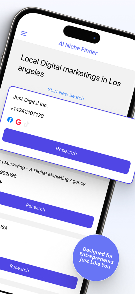 SMM Deal Finder - SMM Deal Finder app showing AI Niche Finder results for digital marketing agencies in Los Angeles