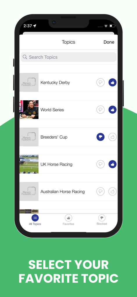 Horse Racing Derby News & Tips - Una interfaz de aplicación móvil que muestra una lista de temas de carreras de caballos como Kentucky Derby y Breeders Cup con botones de me gusta y no me gusta para personalizar el feed.