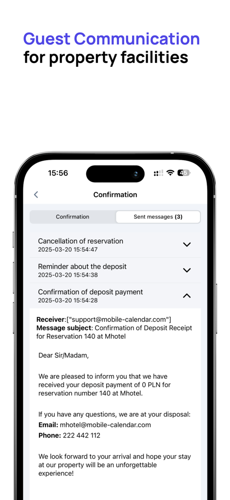 Écran de l'application mobile affichant les communications automatisées avec les clients et les e-mails de confirmation de réservation pour les gestionnaires de propriété.