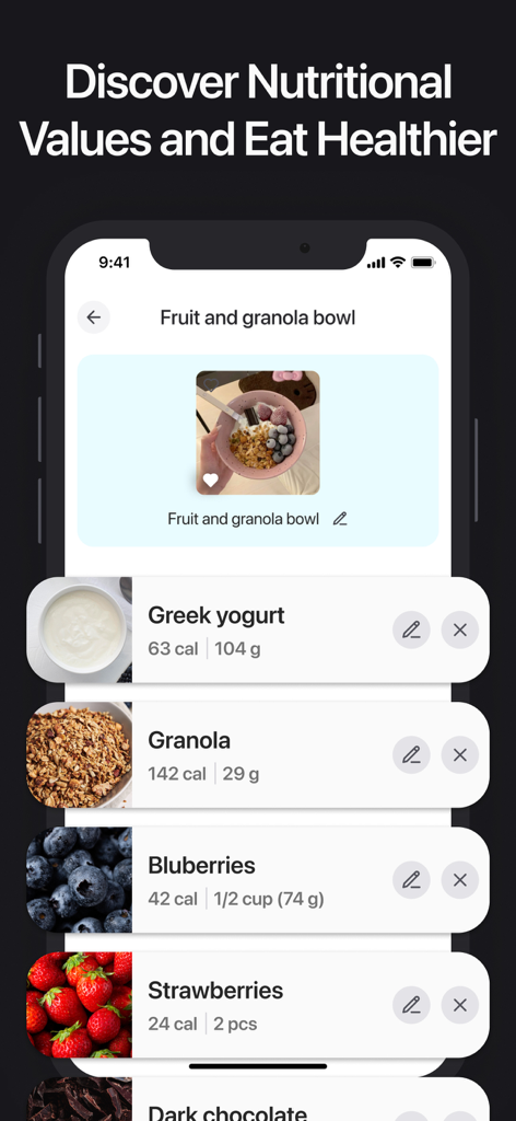 Calorie AI - Tracker & Counter - Calorie AI app interface showing a detailed nutritional breakdown of a fruit and granola bowl with calorie counts for each ingredient.