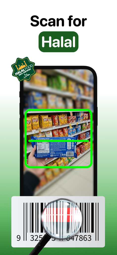 Halal Scanner & حلال Food Scan - A smartphone scanning a product barcode in a grocery store to verify Halal food status.
