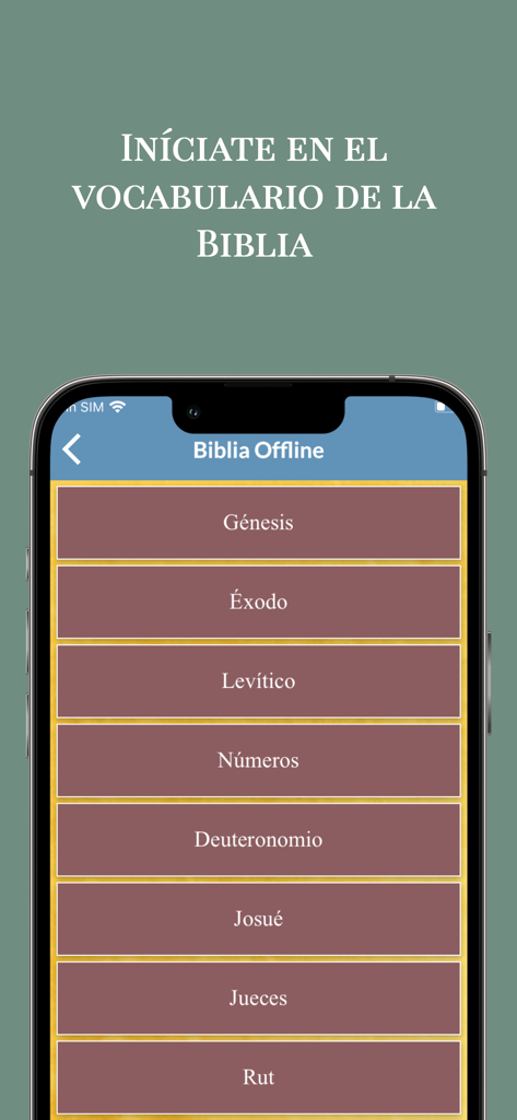 Pantalla que muestra la lista de libros de la Biblia en español en la aplicación Diccionario Hebreo Bíblico