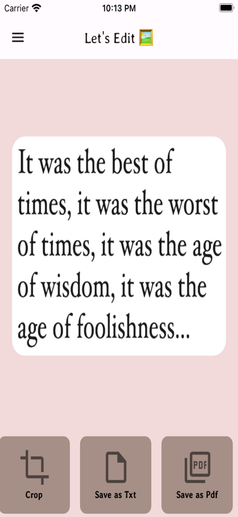 Interface de l'application mobile montrant le texte extrait d'une image avec les options pour recadrer et enregistrer en PDF ou TXT.