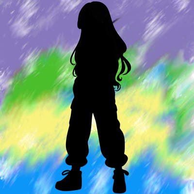 girl in baggy pants crop top and long hair