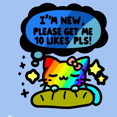 kitty taking a nap dream talking and saying "i'm new, please get me at least 10 likes pls!!"