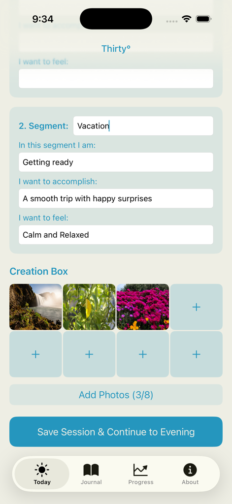 30thirty - Interface of the 30thirty app showing daily intention setting for a vacation and a visual creation box with nature photos